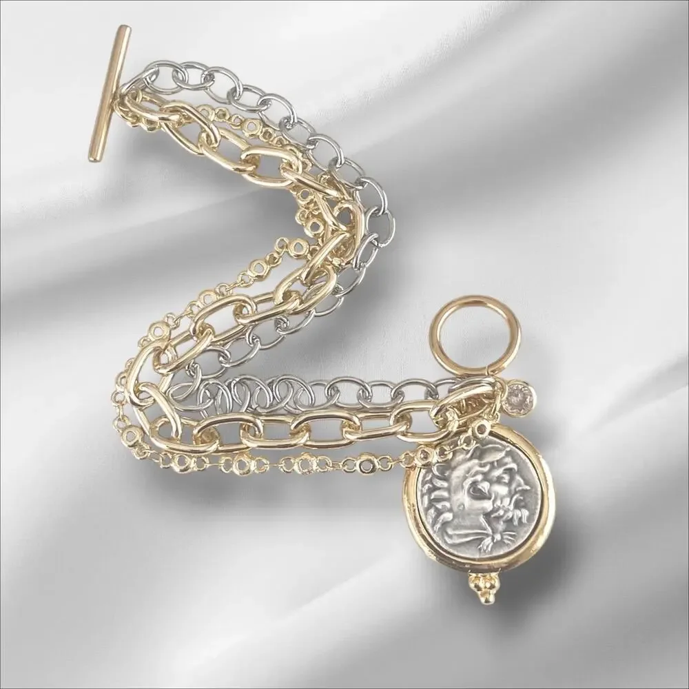 Triple Layer Greek Coin Bracelet, Horse Coin Charm, Mixed Metal Bracelet - Picture 3 of 9